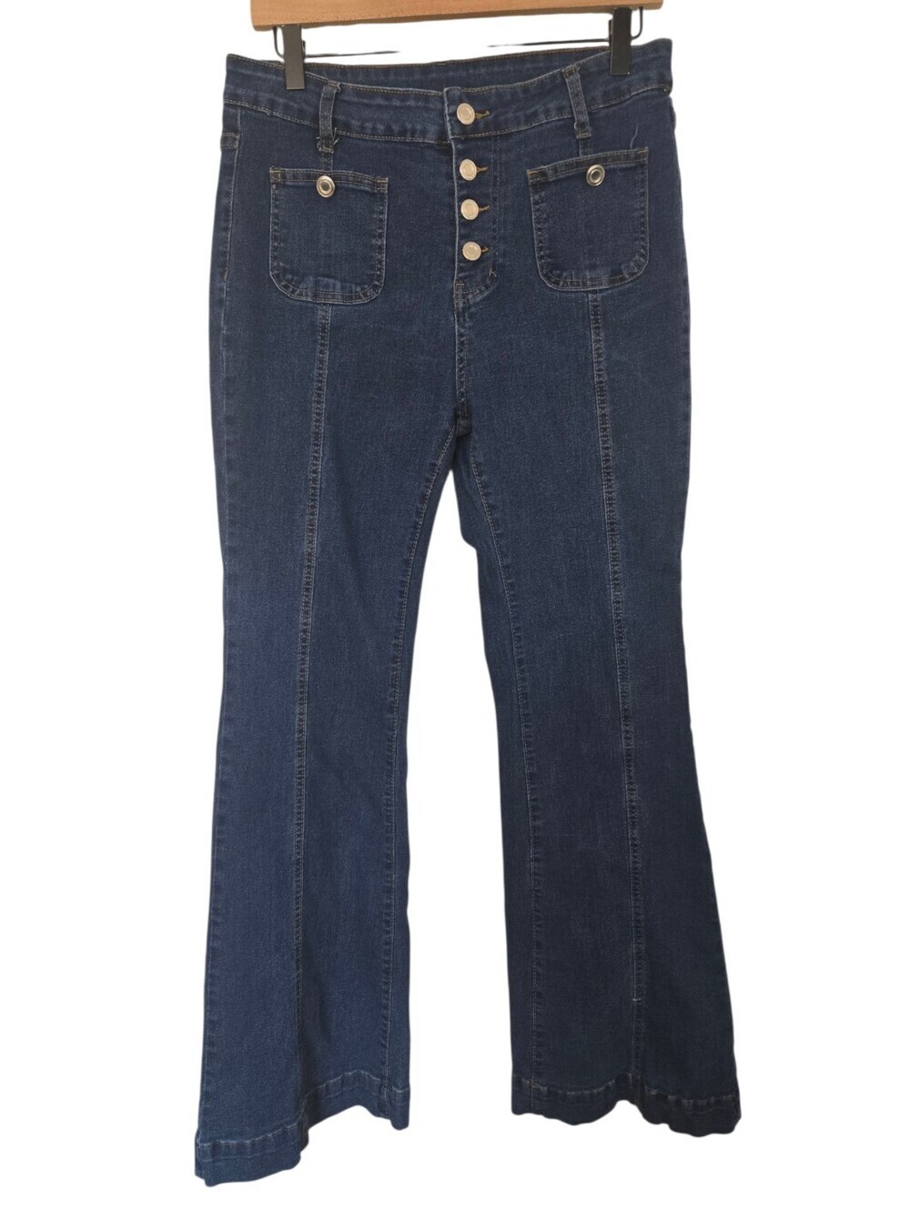 👖 Y2K Dark Wash High Rise Button Fly Flare Jeans XL - Picture 1 of 4